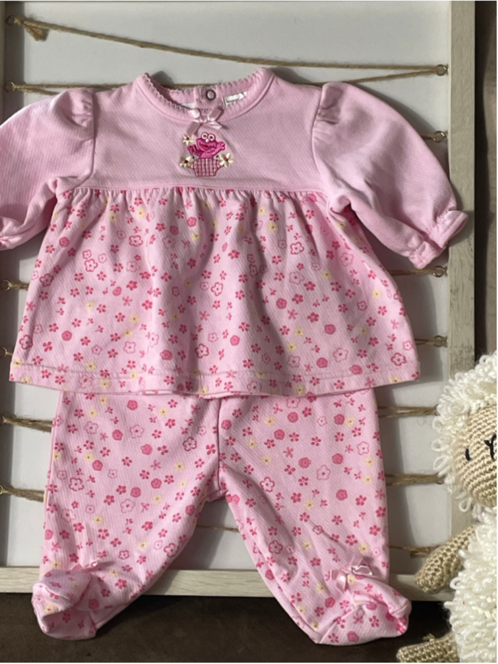 Sesame Street Baby Elmo Pink Ditsy Floral 2 Piece Newborn Pant Set Vintage y2k